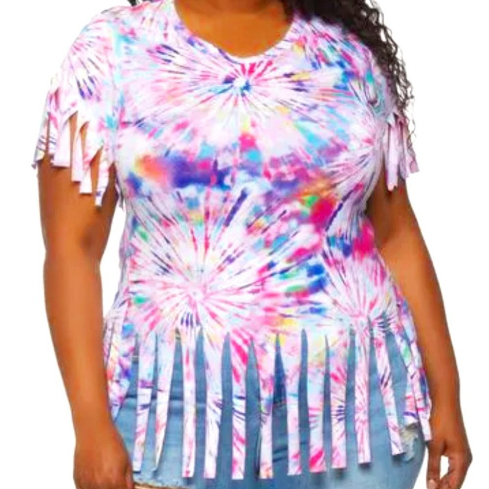 Plus Size Tie-Dye Fringe Short Sleeve Tee - Multi